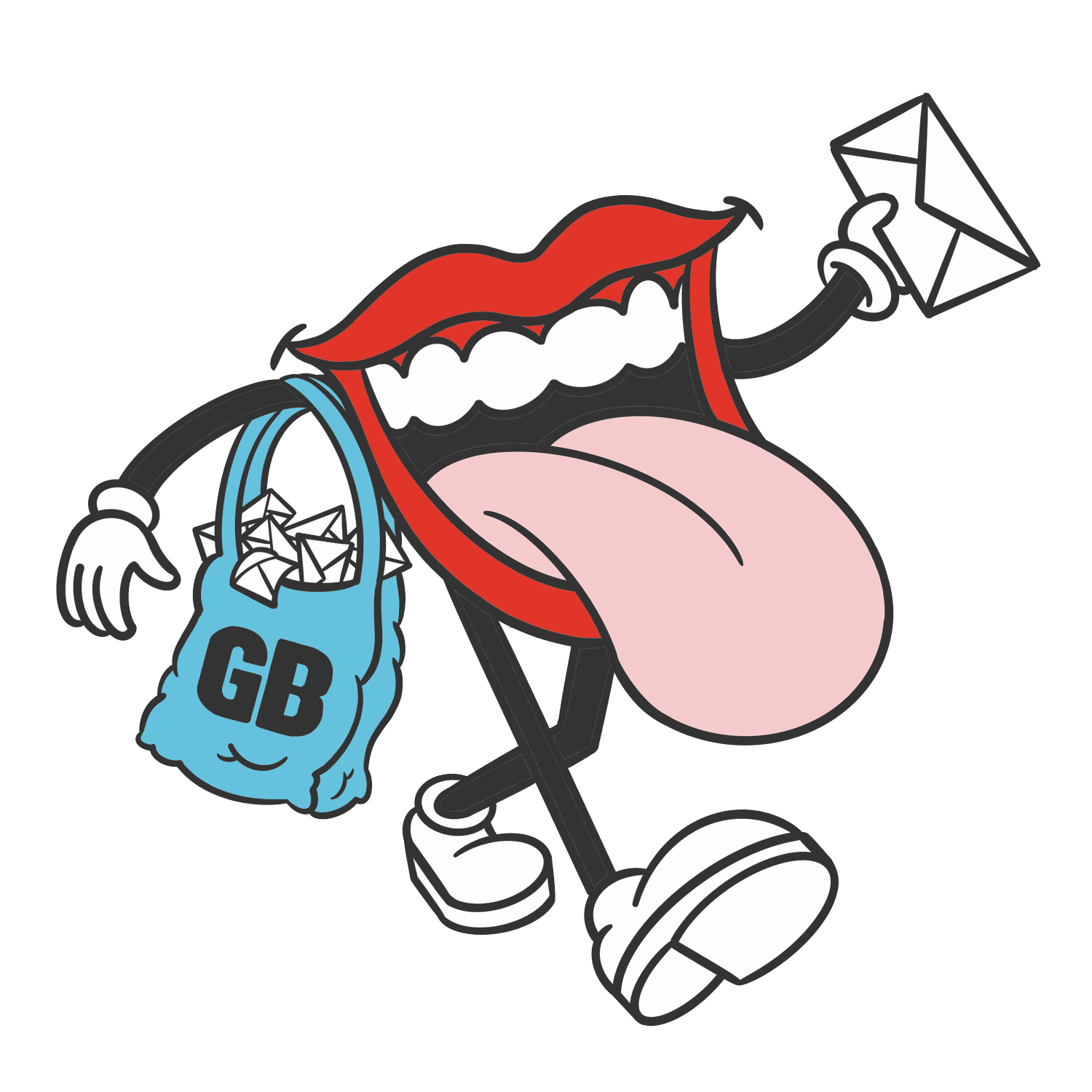 Image of an open mouth with its tongue out, carrying a mail bag, and delivering letters from Goldbelly