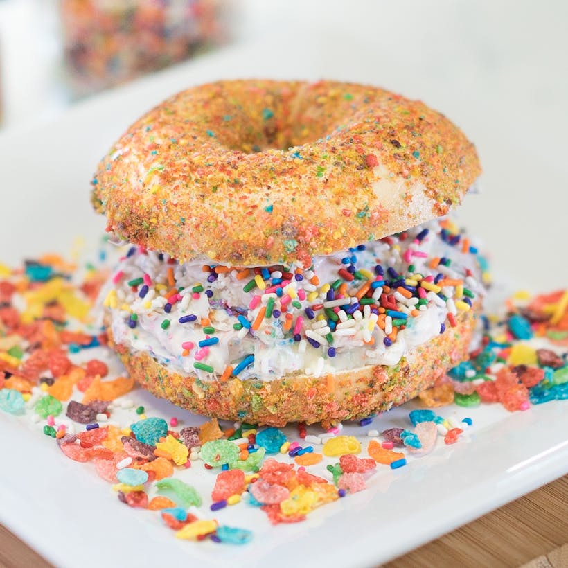 overloaded fruity pebbles bagel